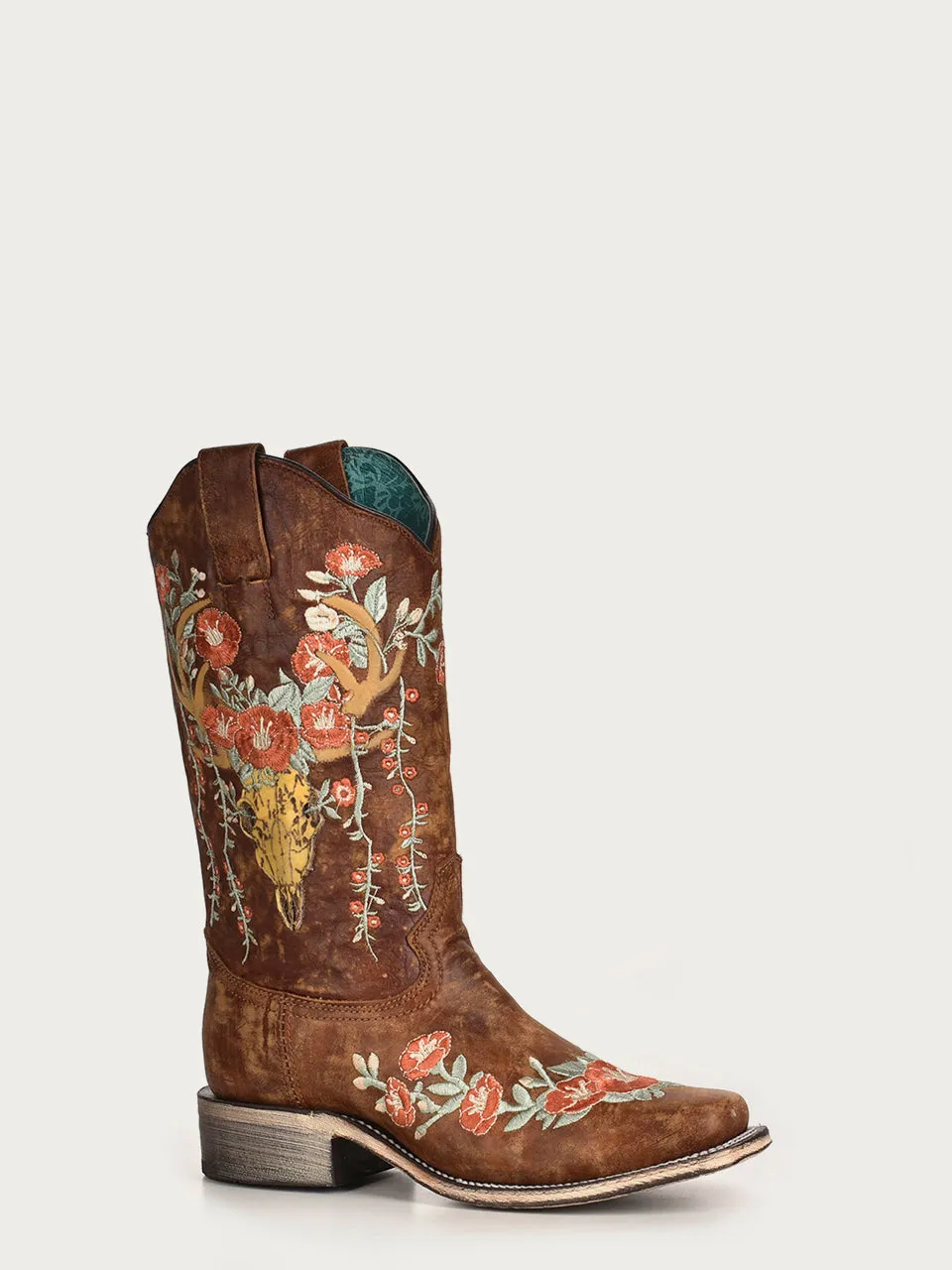 A3708 - WOMEN'S MULTICOLOR FLORAL DEER SKULL EMBROIDERY SQUARE TOE TAN COWBOY BOOT