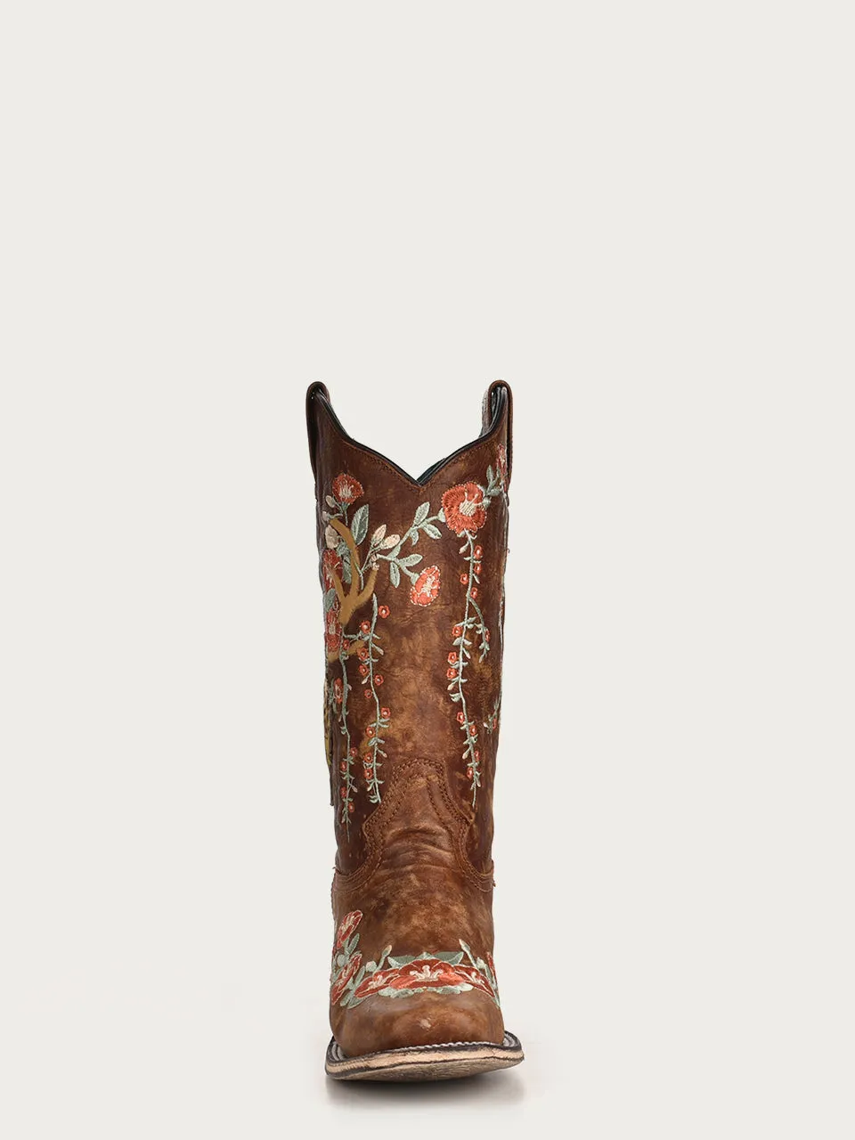 A3708 - WOMEN'S MULTICOLOR FLORAL DEER SKULL EMBROIDERY SQUARE TOE TAN COWBOY BOOT