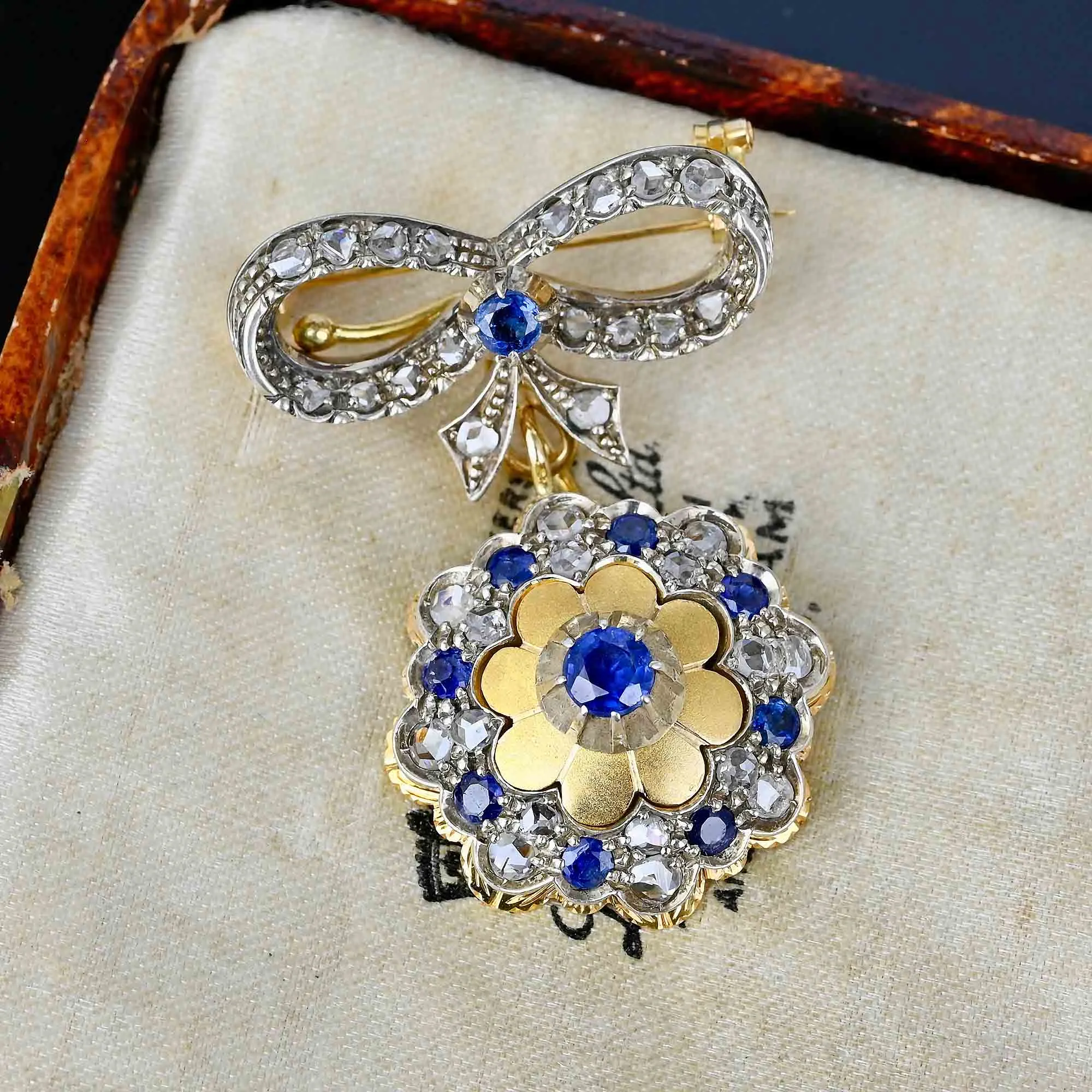 Antique 18K Gold Rose Cut Diamond Sapphire Brooch