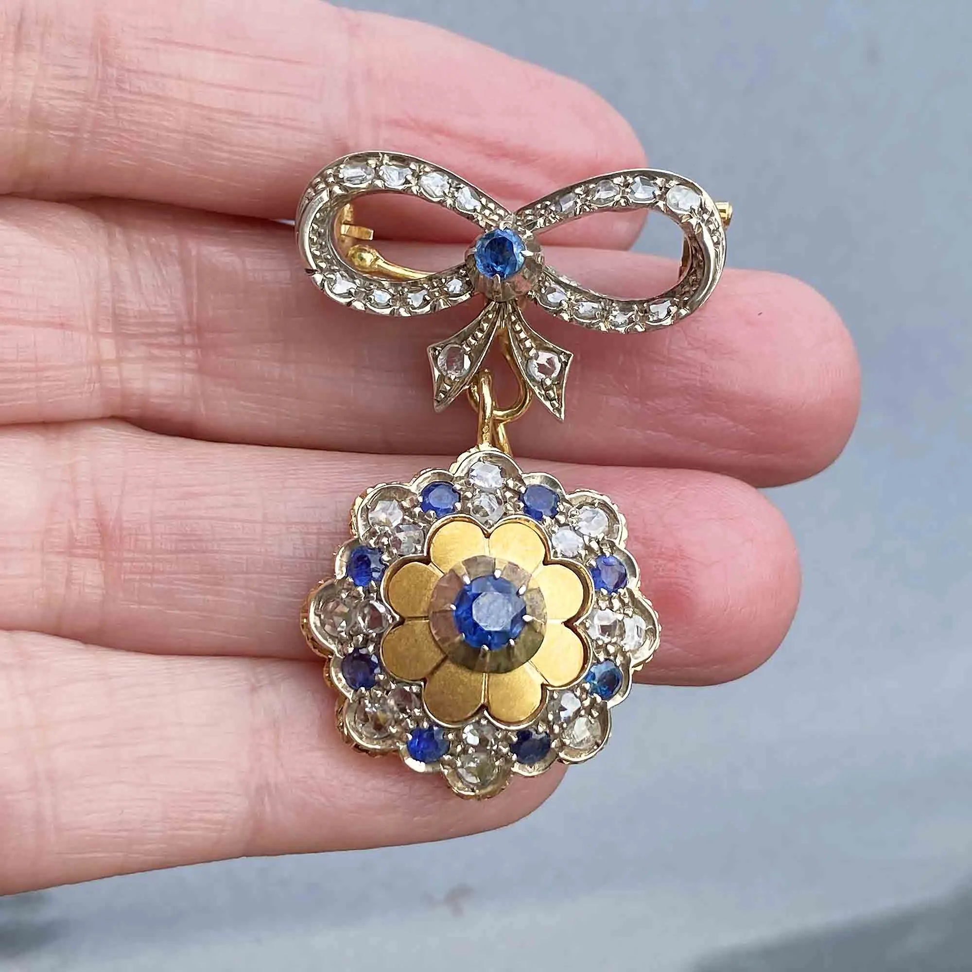 Antique 18K Gold Rose Cut Diamond Sapphire Brooch