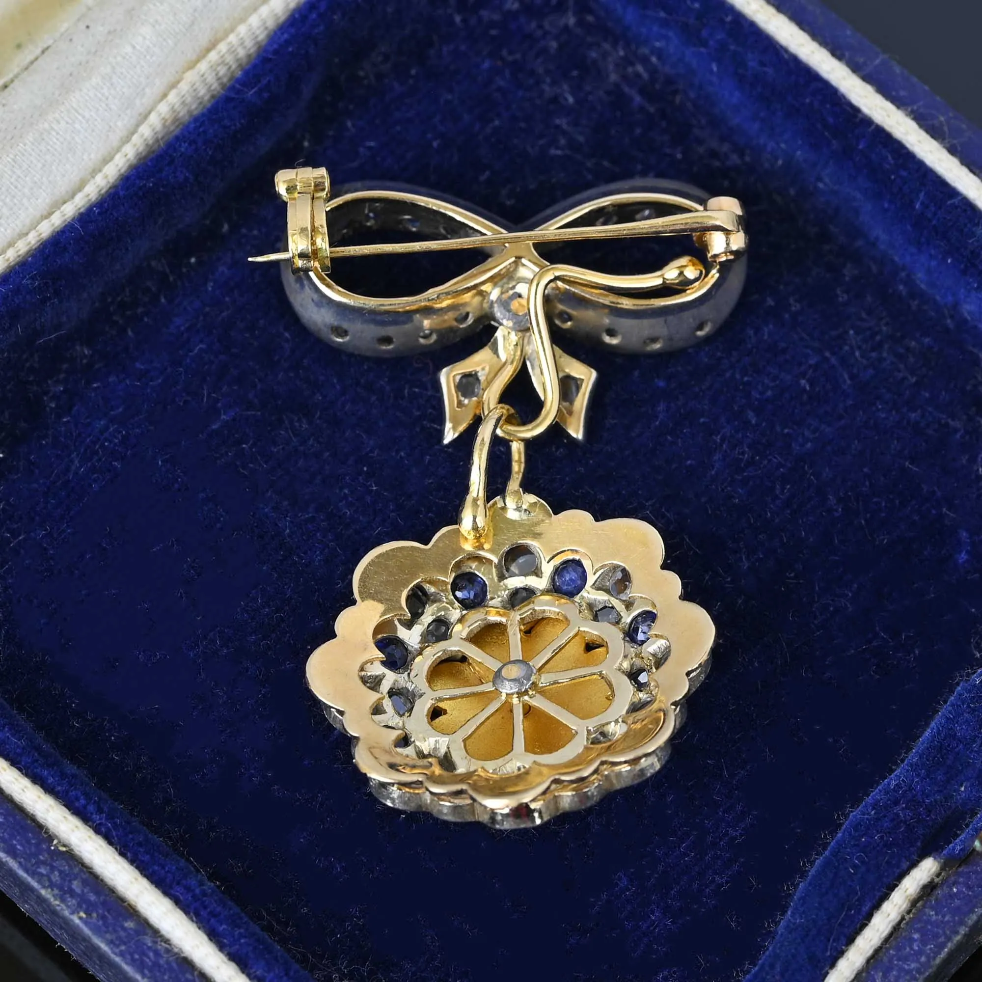 Antique 18K Gold Rose Cut Diamond Sapphire Brooch