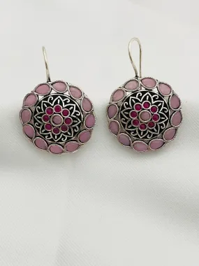 Appealing Light Pink Floral Design Silver Oxidized Earring For Women