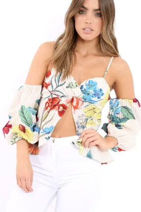 Beige Floral Cold Shoulder Ruffle Sleeve Crop Top - Shelby