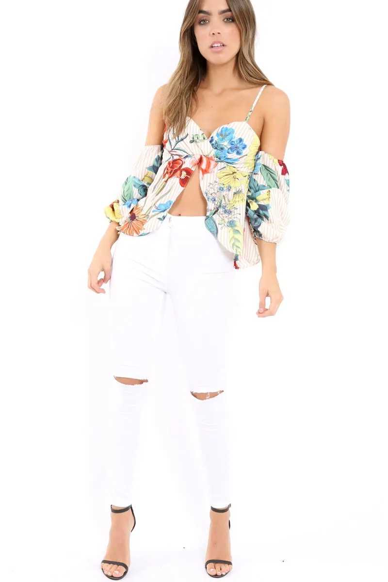 Beige Floral Cold Shoulder Ruffle Sleeve Crop Top - Shelby