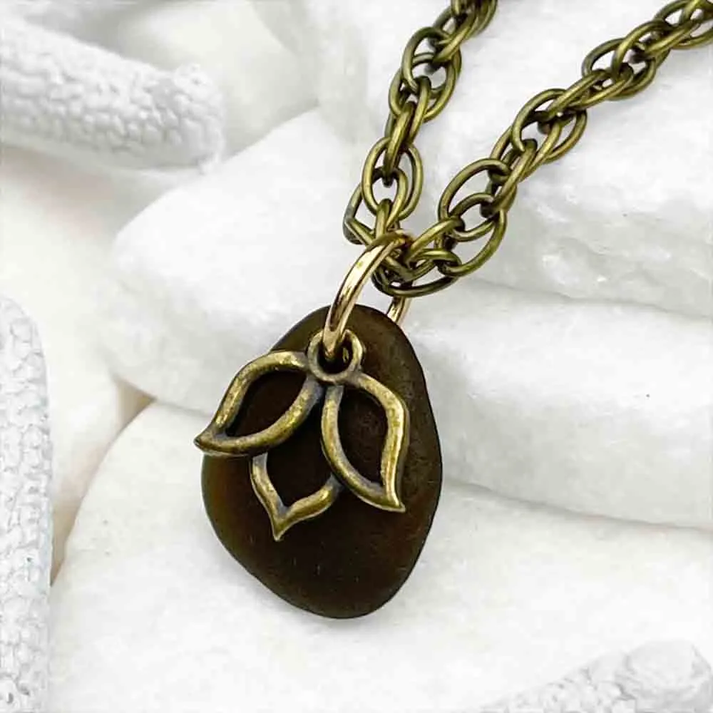 Black Amber Sea Glass Pendant with Bronze Lotus Charm | #5132