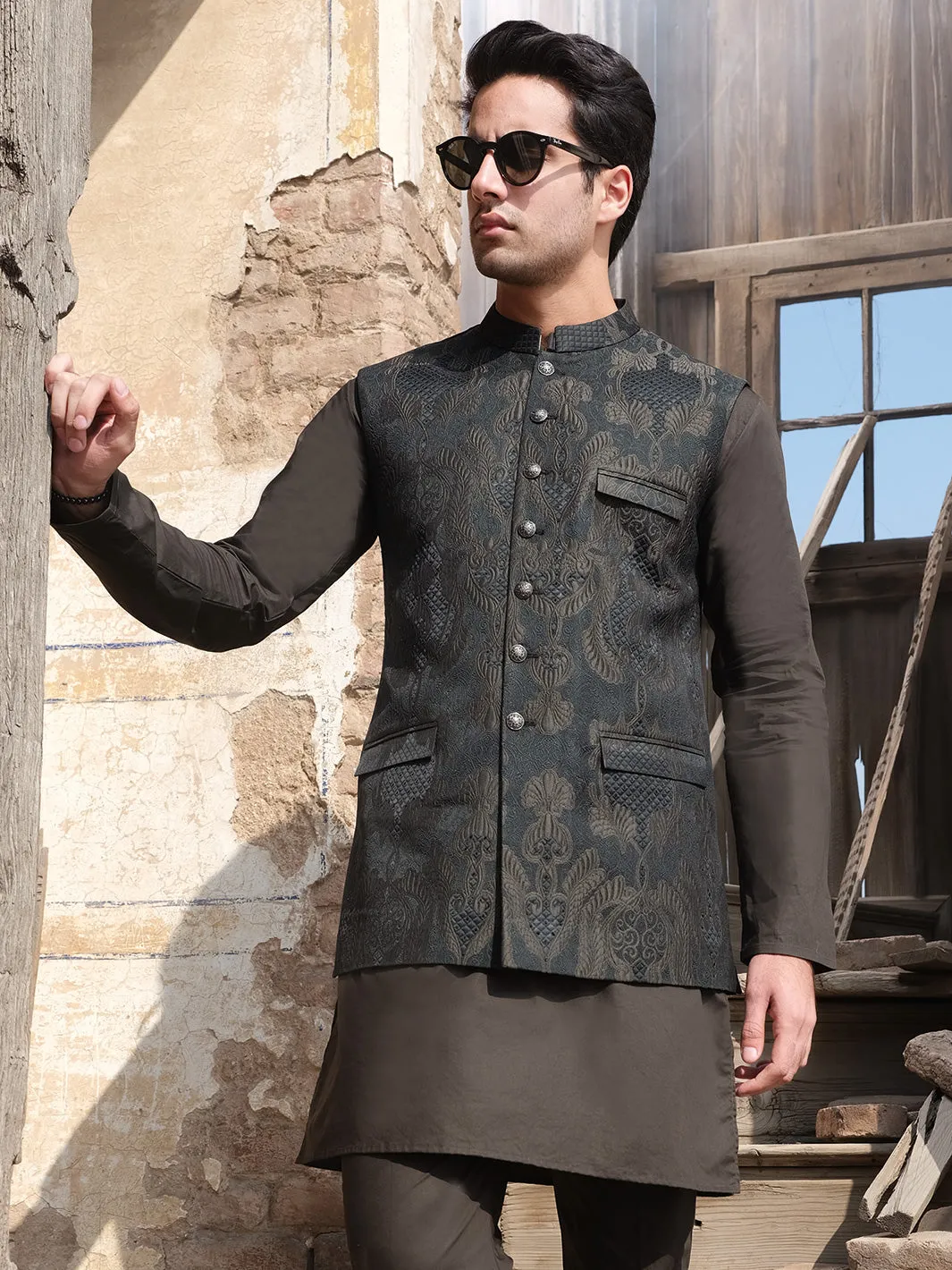 Black & Green Blended Waistcoat - AL-WC-318