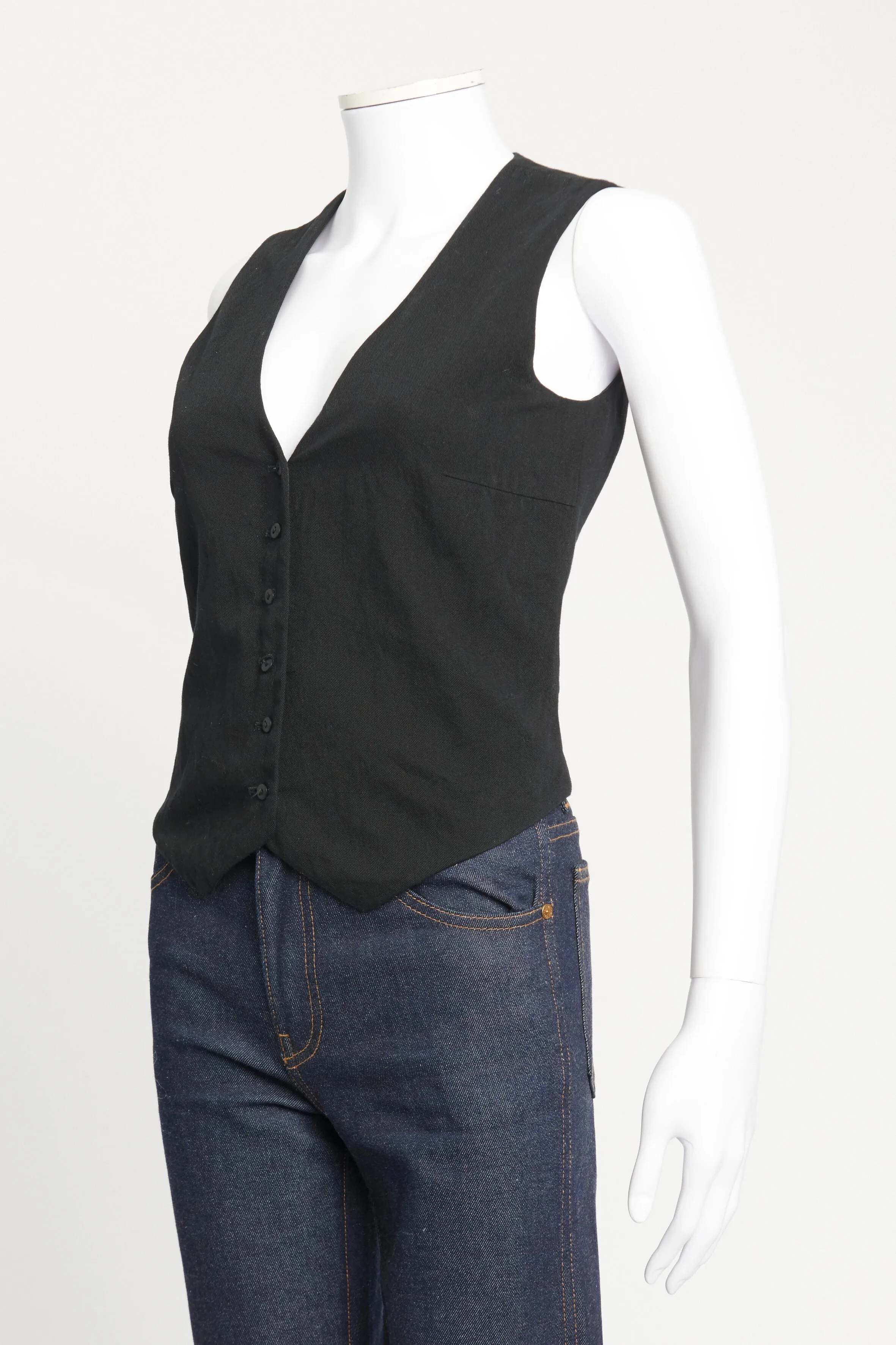 Black Cotton/Linen Fitted Single-Breasted Preowned Waistcoat