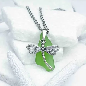 Bright Green Sea Glass Pendant with Sterling Silver Dragonfly Charm| #1951