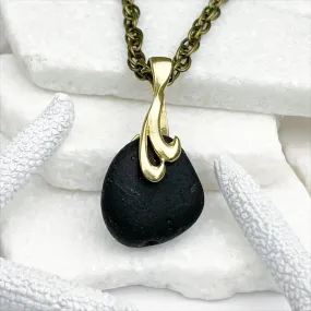 Bubbly Black Sea Glass and Decorative Bronze Bail Pendant | #5055