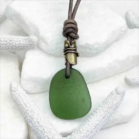 Champagne Green Sea Glass Gumdrop on a Genuine Surfside Leather Necklace | #5116