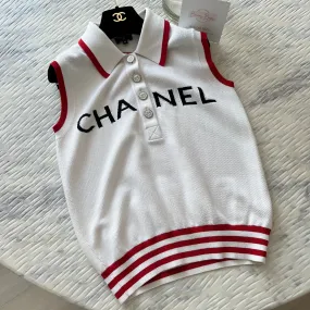 Chanel White/Red Trim 'CHANEL' Sleeveless Polo Top