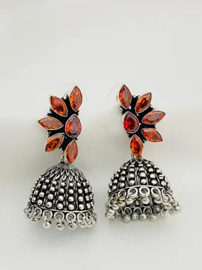 Classic Silver Plated Oxidized Designer Jhumka Earrings With Floral Design And Beads For Women