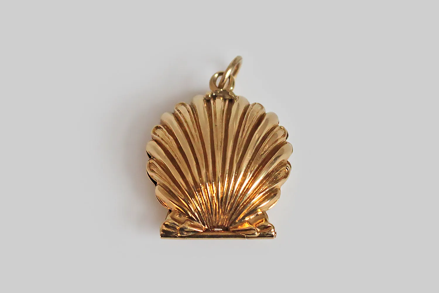 Dainty Mid 20th Century Mechanical Seashell with Pearl Charm in 14k Gold