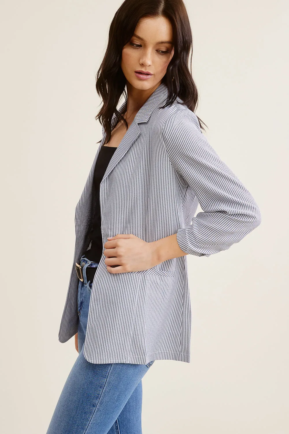 Grey and White Striped Linen Blazer