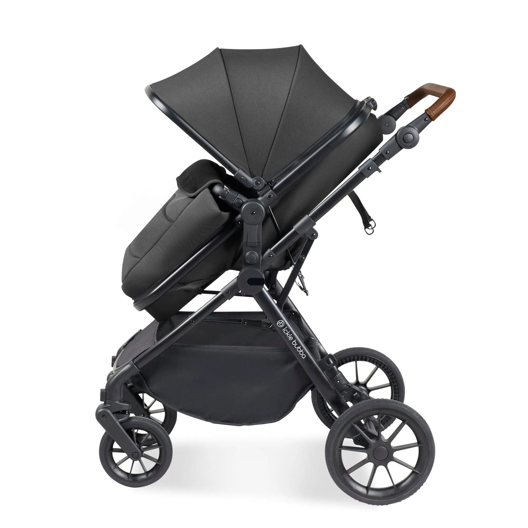 Ickle Bubba Cosmo I-Size Travel System With Stratus Car Seat & Isofix Base - Black / Graphite Grey / Tan