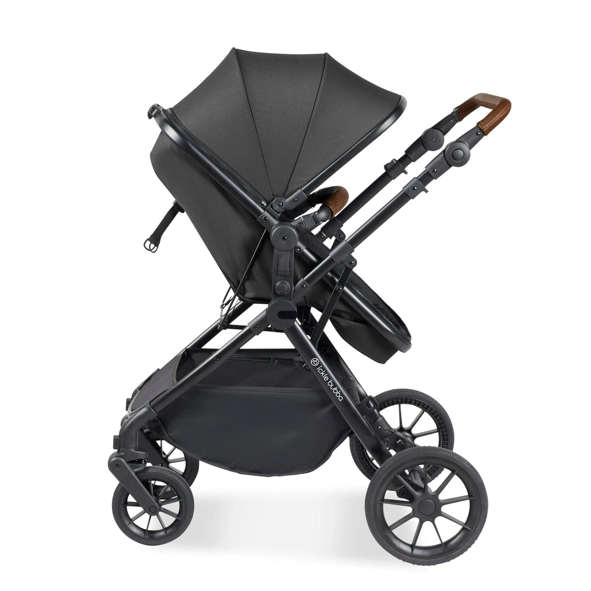 Ickle Bubba Cosmo I-Size Travel System With Stratus Car Seat & Isofix Base - Black / Graphite Grey / Tan