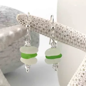 Lime Green Banded Sea Glass Sea Stack Earrings with Swarovski Crystals | #3042