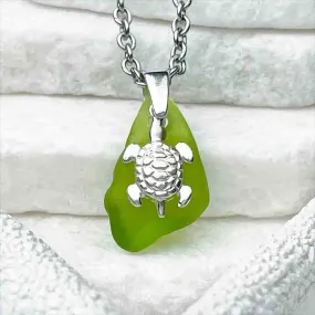 Lime Green Bottle Bottom Sea Glass Pendant with Sterling Silver Sea Turtle Charm | #1694