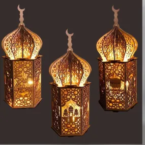 MR023 Eid Mubarak LED Wooden Lantern Ramadan Decoration