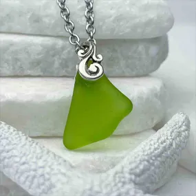 Oh My Bright Lime Green Sea Glass Pendant with Sterling Silver Ocean Waves Bail | #1691