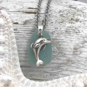 Seafoam Sea Glass Pendant with Sterling Silver Dolphin Charm | #1048