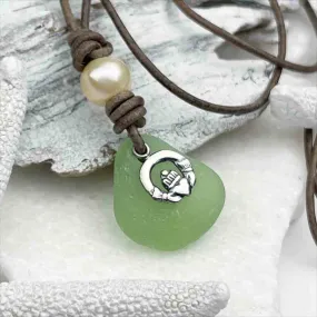 Seafoam Sea Glass with Freshwater Pearl and Claddagh Charm on a Leather Necklace  | #1901