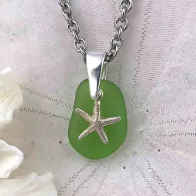 Small Lime Green Sea Glass Pendant with a Starfish Charm | #1151