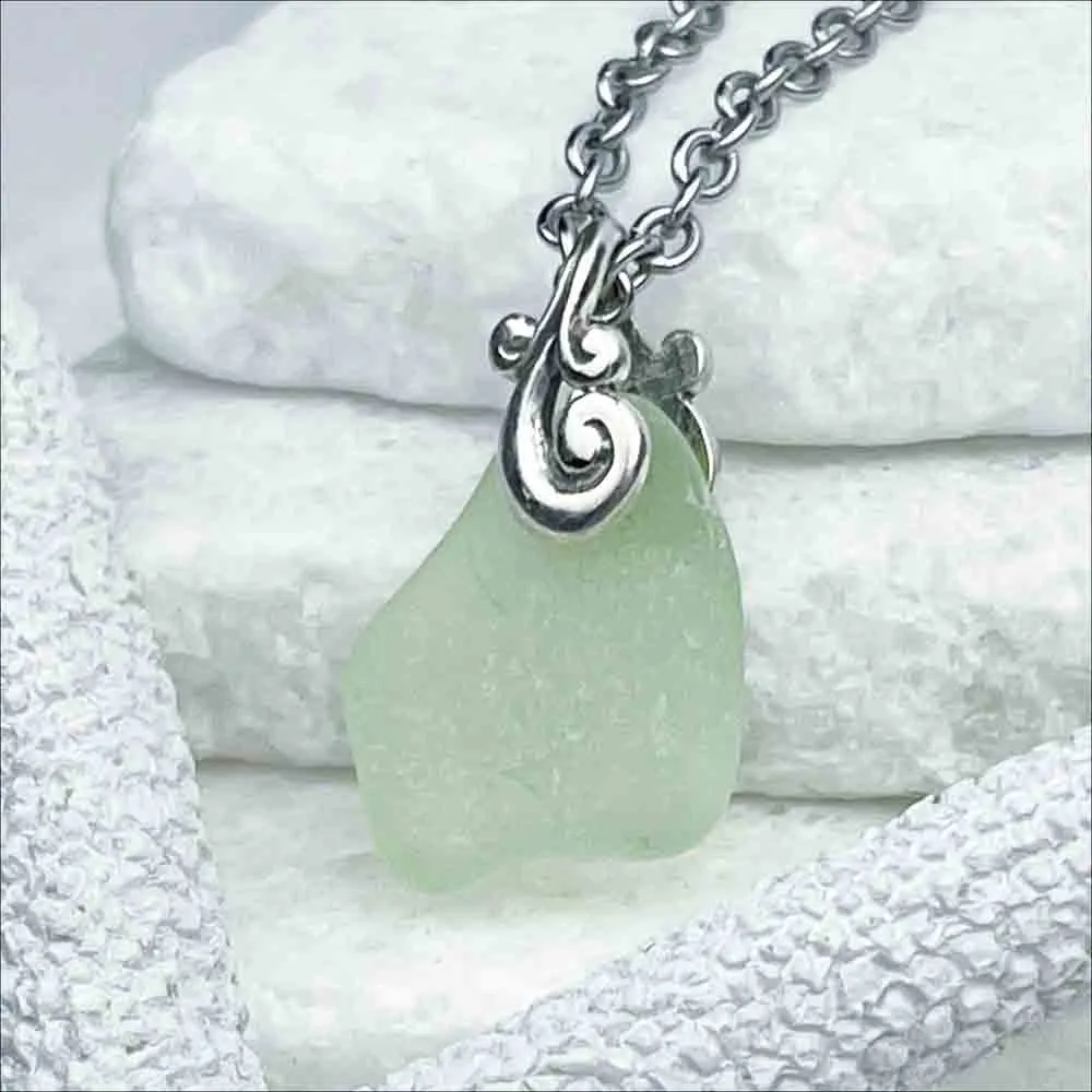 Splash of Seafoam Sea Glass Pendant with Sterling Silver Ocean Waves Bail  | #1727