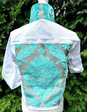 Stevie Denim Jacket - White Denim w Turquoise Velvet (ST01)