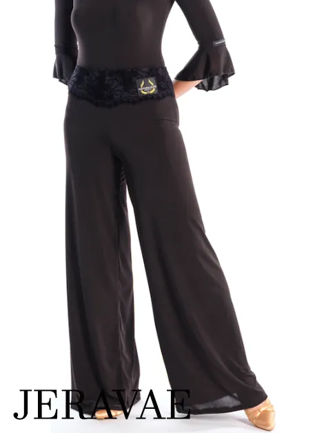 Victoria Blitz Lucy Black Teaching or Practice Dance Pants with Flocked Waistband, Scalloped Design, and Flared Leg PRA 731 in Stock