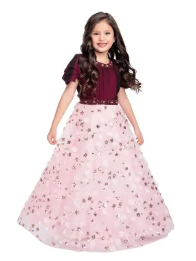 Wine Coloured Imported Floral Net Gown For Girls